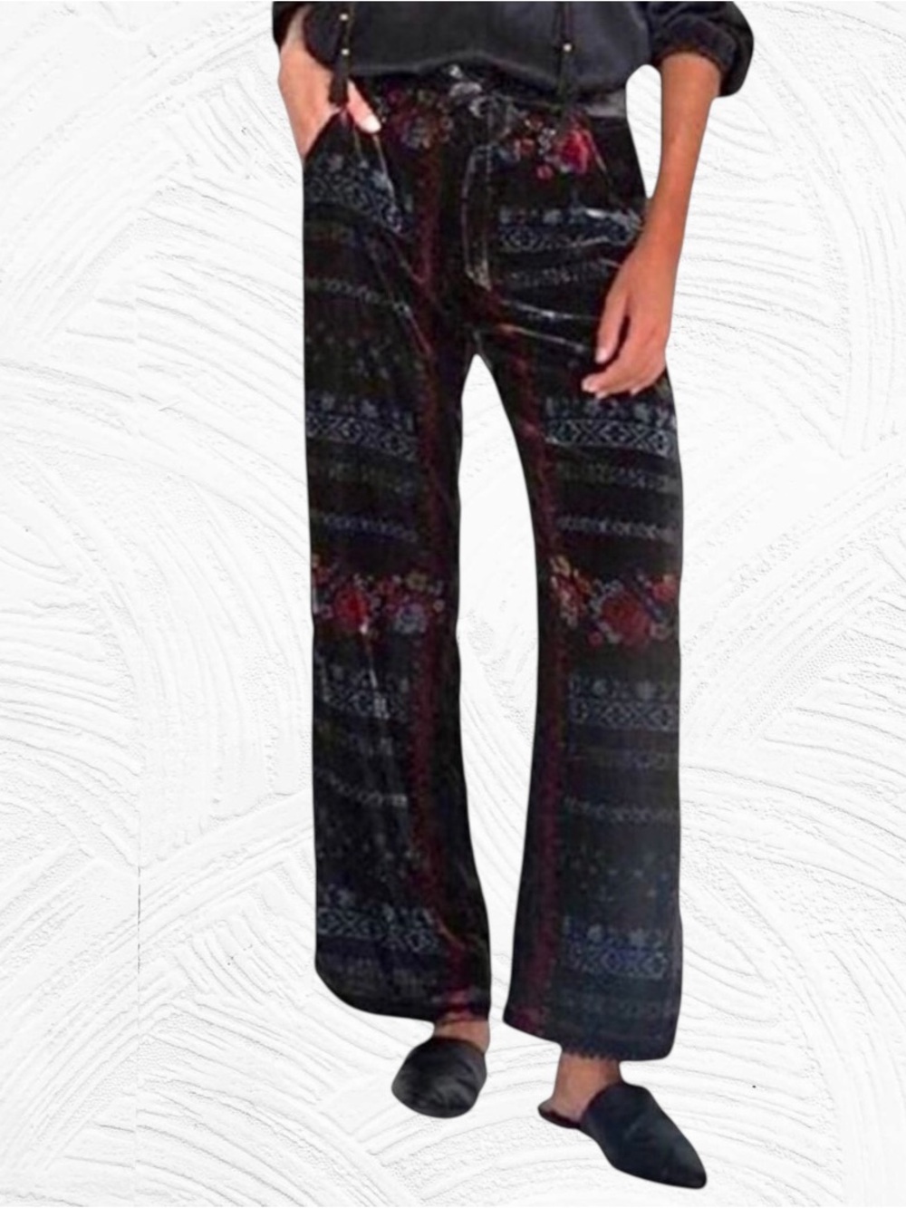 Johnny Was‎ Feza Velvet Pant Large Belted Straight Leg Floral Geometric